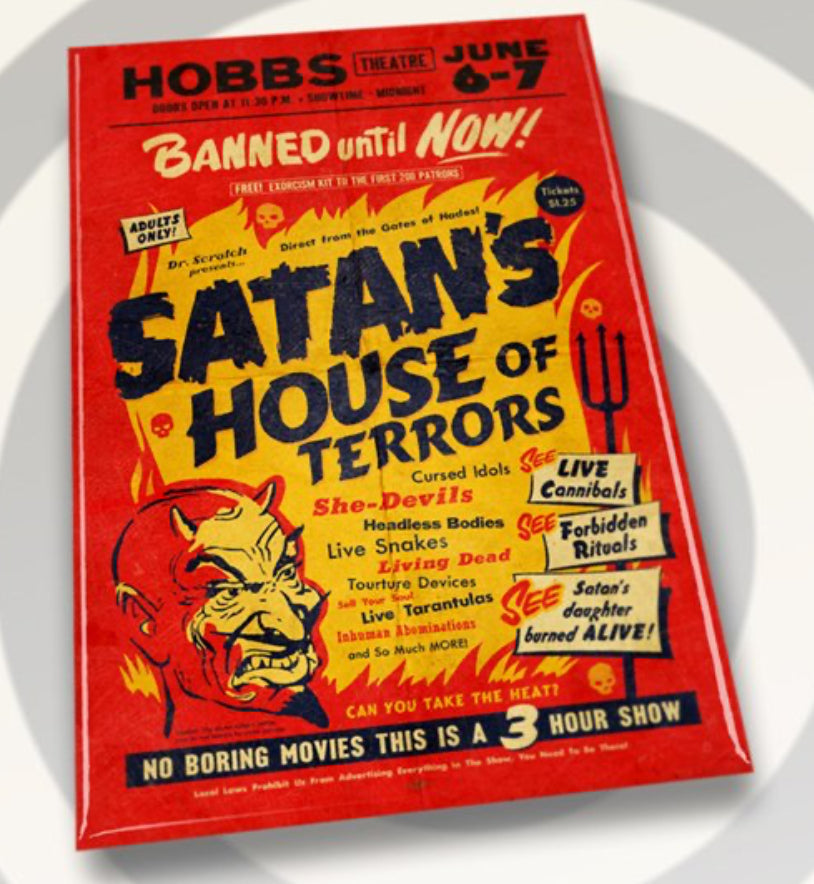 Satan’s House of Terror Theatre Poster on a 2”x3” Metal Refrigerator Magnet.