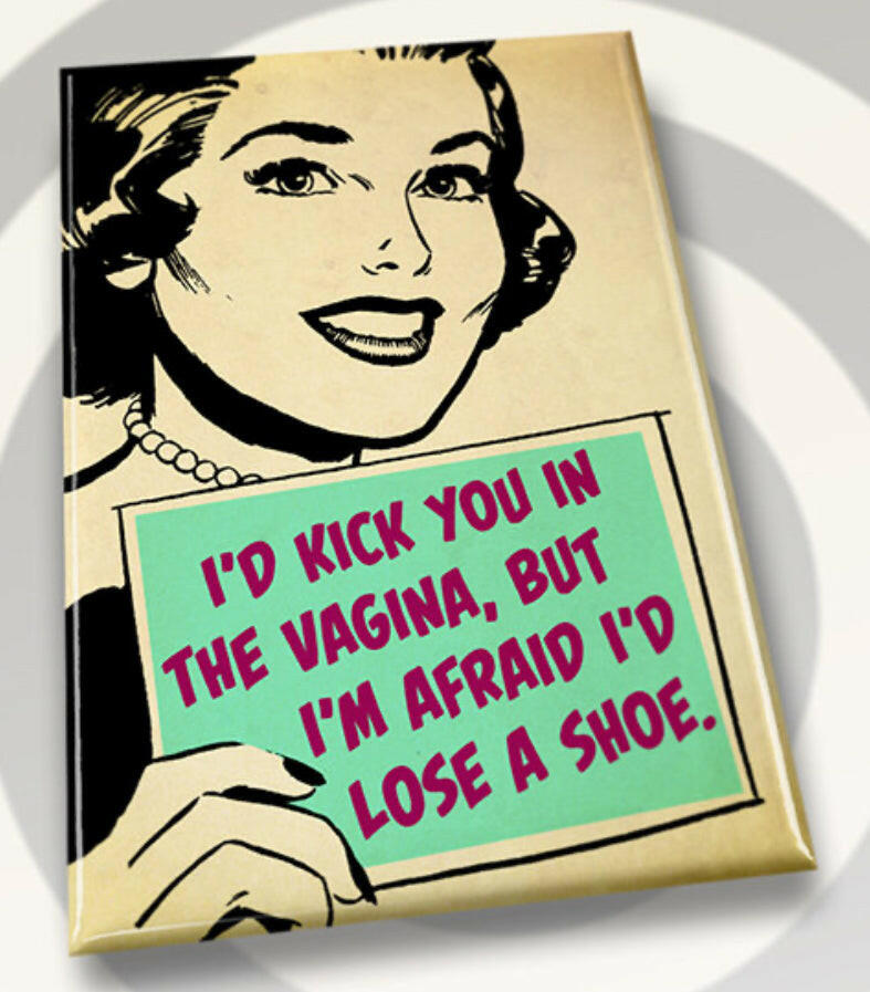 I’d Kick You In The Vagina Bit I’m Afraid I’d Lose A Shoe. All on a 2”x3” Metal Refrigerator Magnet..