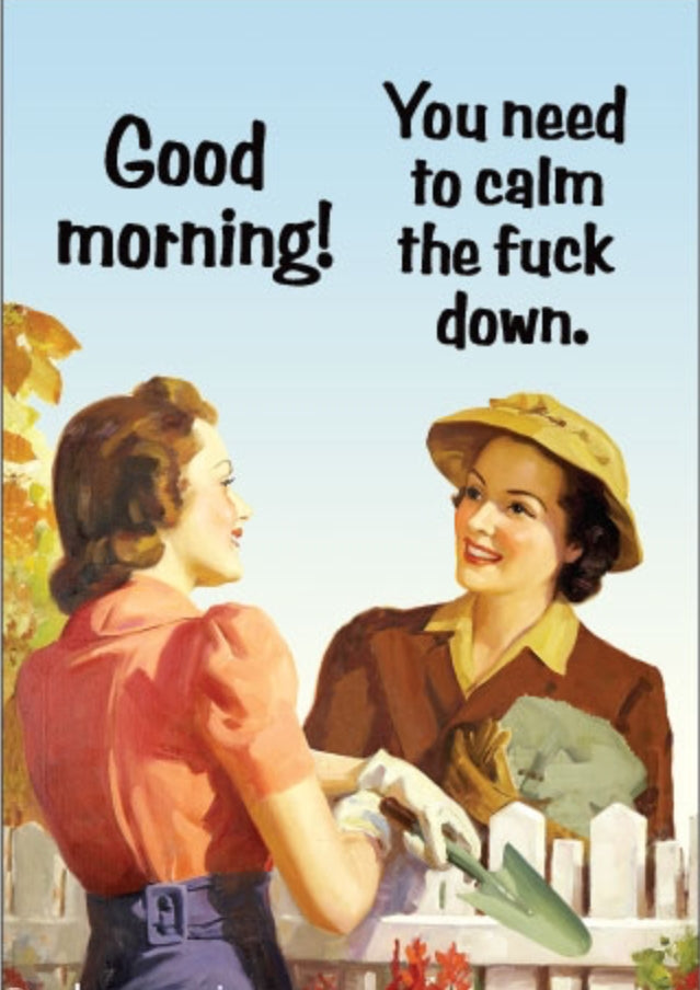 Good Morning! You Need To Calm The Fuck Down. All On A 2”x3” Metal Refrigerator Magnet. Quality Glossy Finish With Strong Holding Power.
