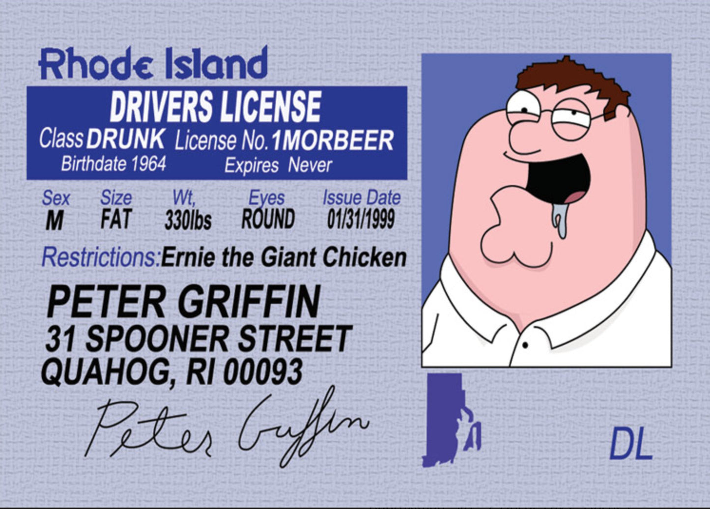 Peter Griffin of Family Guy Drivers Licnense. On a 2.5”x 3.5” Metal Refrigerator Magnet.A Magnet For Him or Her.