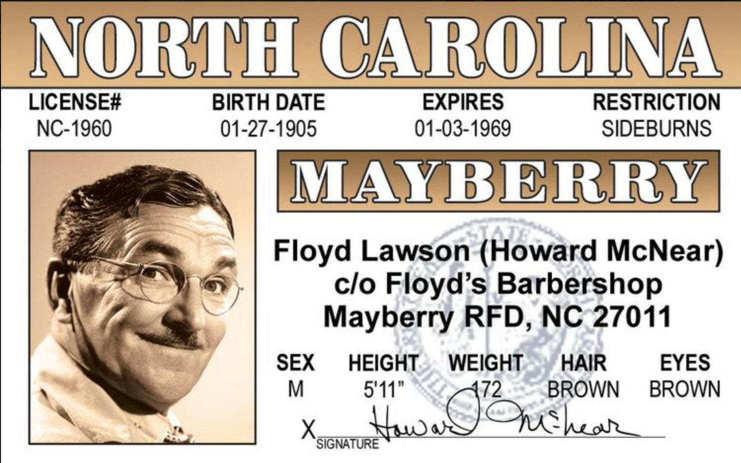 Floyd Lawson, Andy Griffith Show Drivers License. All On a 2.5”x 3.5” Metal Refrigerator Magnet.A Magnet For Him or Her..