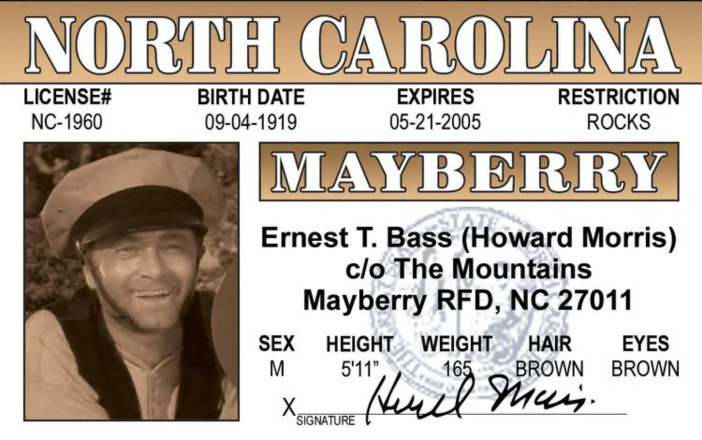 Ernest T. Bass, Andy Griffith Show Drivers License. All On a 2.5”x 3.5” Metal Refrigerator Magnet.A Magnet For Him or Her..