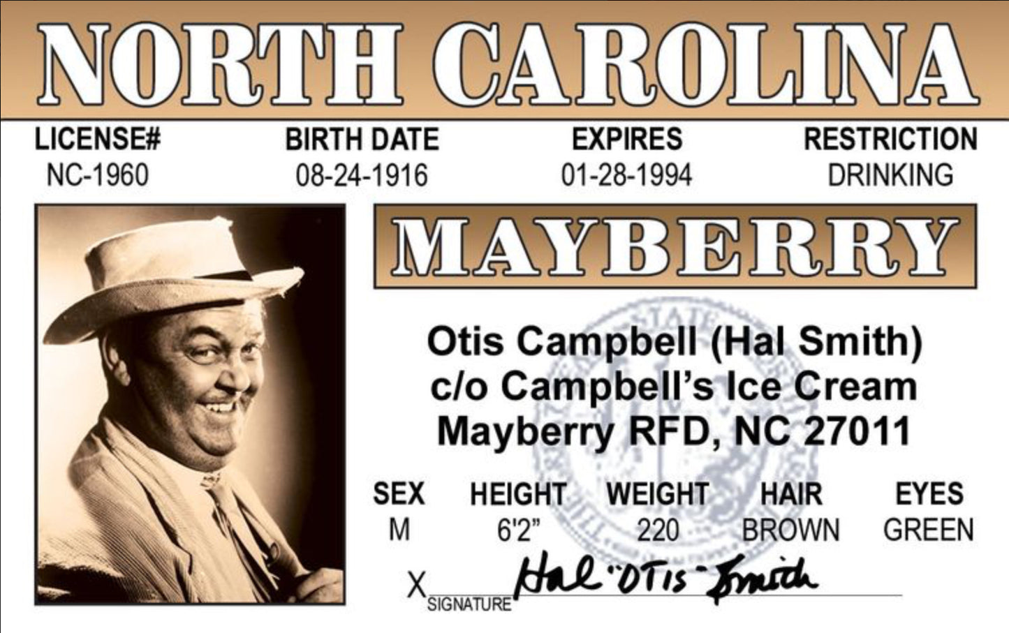 Otis Campbell,Andy Griffith Show Drivers License. All On a 2.5”x 3.5” Metal Refrigerator Magnet.