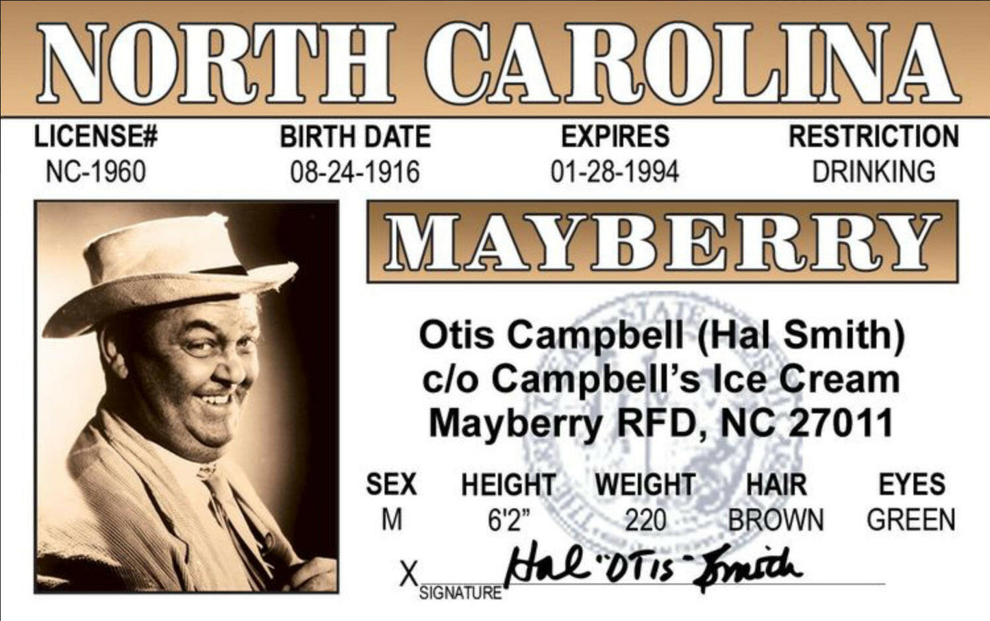 Otis Campbell,Andy Griffith Show Drivers License. All On a 2.5”x 3.5” Metal Refrigerator Magnet..