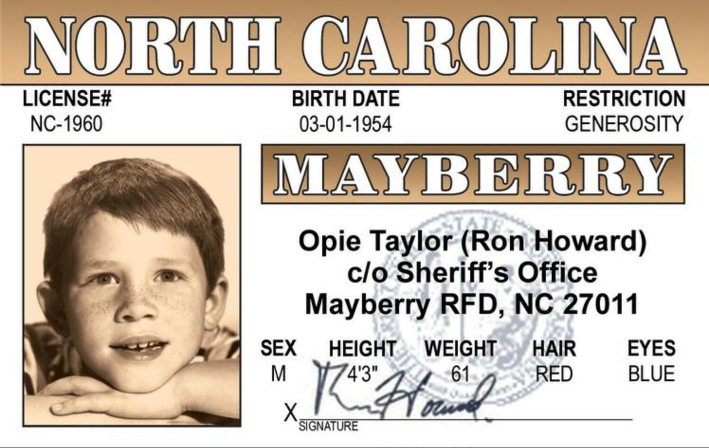 Opie Taylor, Andy Griffith Show Drivers License. All On a 2.5”x 3.5” Metal Refrigerator Magnet.A Magnet For Him or Her..