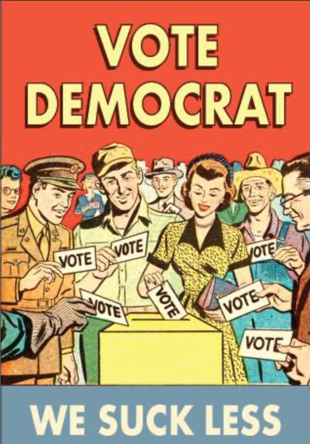 Vote Democrat.We Suck Less. On A 2”x3” Metal Refrigerator Magnet.