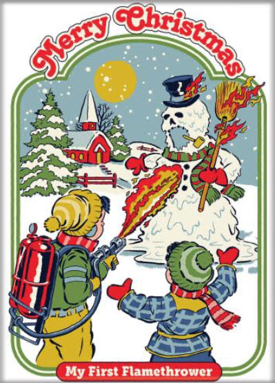 Merry Christmas,My First Flamethrower. On a 2.5”x 3.5” Metal Refrigerator Magnet.A Funny Magnet For Him or Her