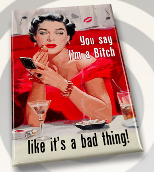 You Say I’m A Bitch Likes It’s A Bad Thing. All on a 2”x3” Metal Refrigerator Magnet.