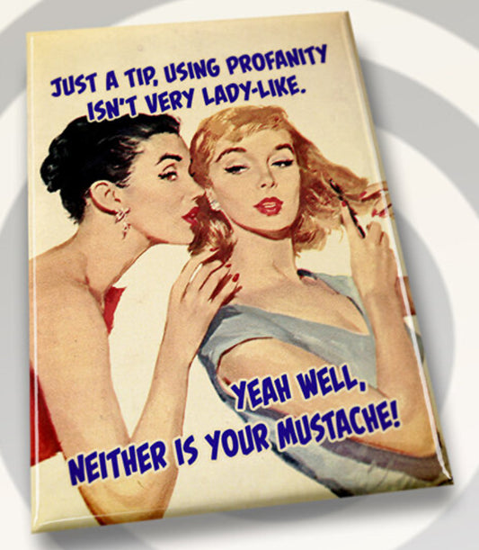 Just A Tip Profanity Isn’t Very Lady-Like,Yeah Well Neither Is Your Mustache. All on a 2”x3” Metal Refrigerator Magnet.