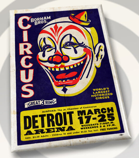 Bornam Brothers Three Ring Circus Poster on a 2”x3” Metal Refrigerator Magnet.