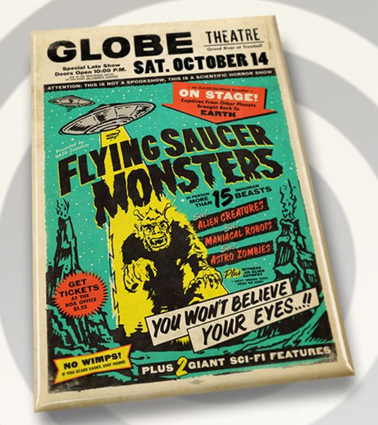 Flying Monsters and Alien Creatures Theatre Poster on a 2”x3” Metal Refrigerator Magnet.