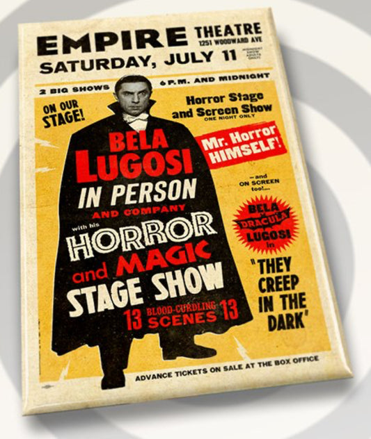 Bela Lugosi, Dracula Theatre Poster on a 2”x3” Metal Refrigerator Magnet.