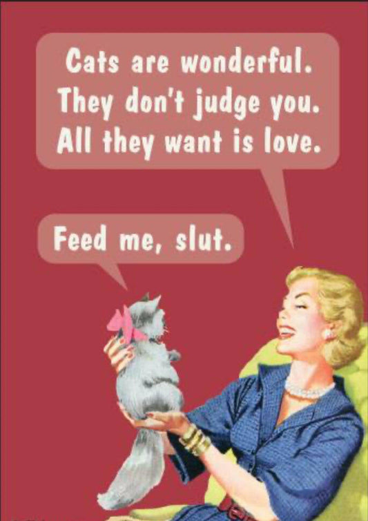 Cats Are Wonderful. They Don’t Judge You, All They Want Is Love. Feed Me Slut. All On A 2”x3” Metal Refrigerator Magnet. Quality Glossy Finish With Strong Holding Power..
