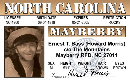 Ernest T. Bass, Andy Griffith Show Drivers License. All On a 2.5”x 3.5” Metal Refrigerator Magnet.A Magnet For Him or Her.