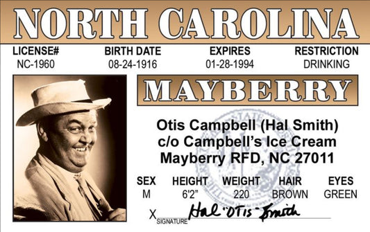 Otis Campbell,Andy Griffith Show Drivers License. All On a 2.5”x 3.5” Metal Refrigerator Magnet.