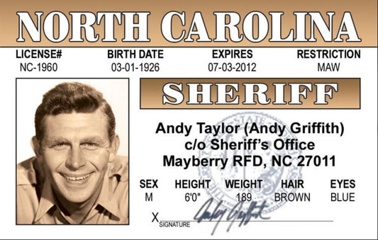 Andy Taylor, Andy Griffith Show Drivers License. All On a 2.5”x 3.5” Metal Refrigerator Magnet.