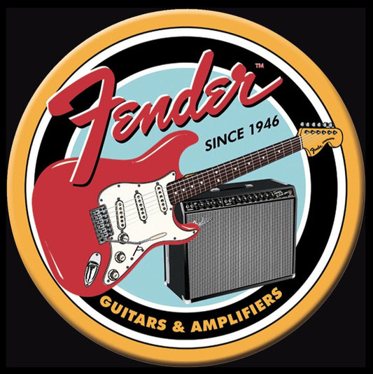 Fender Guitars Since 1946.On A  3” Round Metal Refrigerator Magnet.A Magnet For Him or Her.
