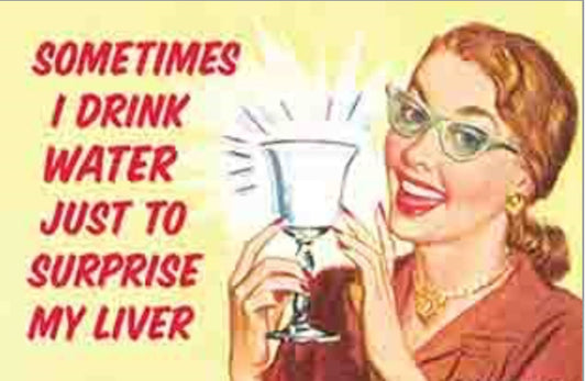 Sometimes I Drink Water Just To Surprise My Liver. All On a 2”x3” Metal Refrigerator Magnet.