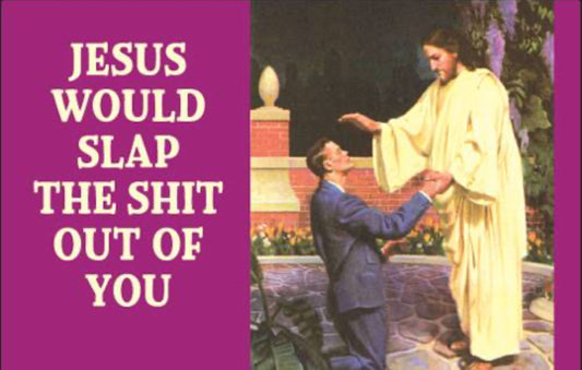Jesus Would Slap The Shit Out Of You.All On a 2”x3” Metal Refrigerator Magnet. Quality Glossy Finish With Strong Holding Power.