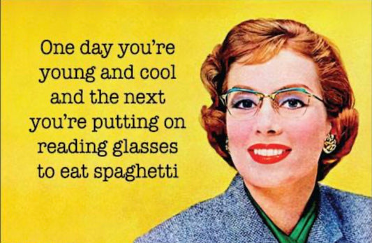 Putting On Reading Glasses To Eat Spaghetti. On a 2”x3” Metal Refrigerator Magnet.A Magnet For Him or Her.
