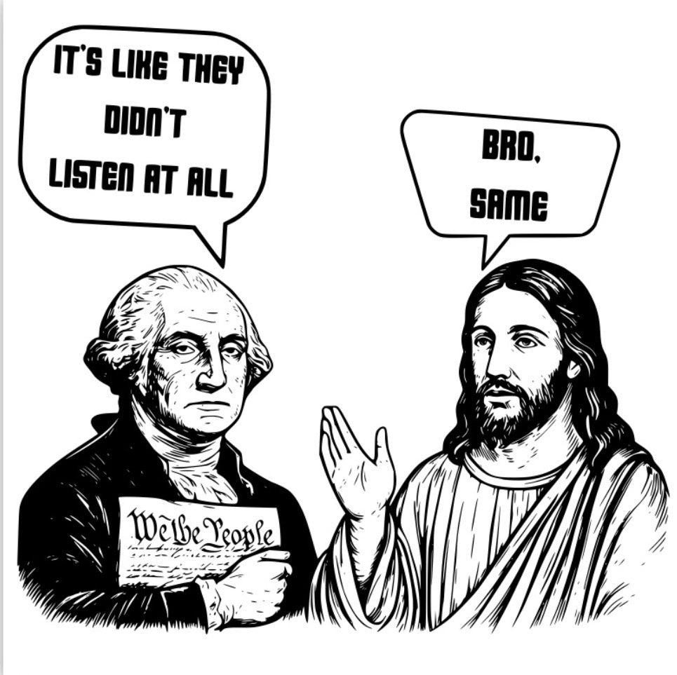 Jesus and George Washington Conversation.. On a 2.5” Square Metal Refrigerator Magnet..